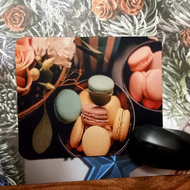 "A colorful mousepad featuring assorted pastel macarons and floral accents, placed on a wooden surface with a black computer mouse beside it."